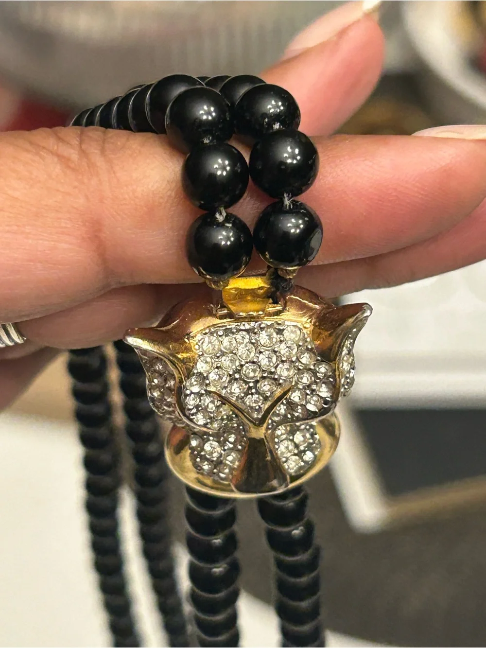 Vintage Rhinestone Green Eyes Panther with Black Beaded Double-Strand Necklace